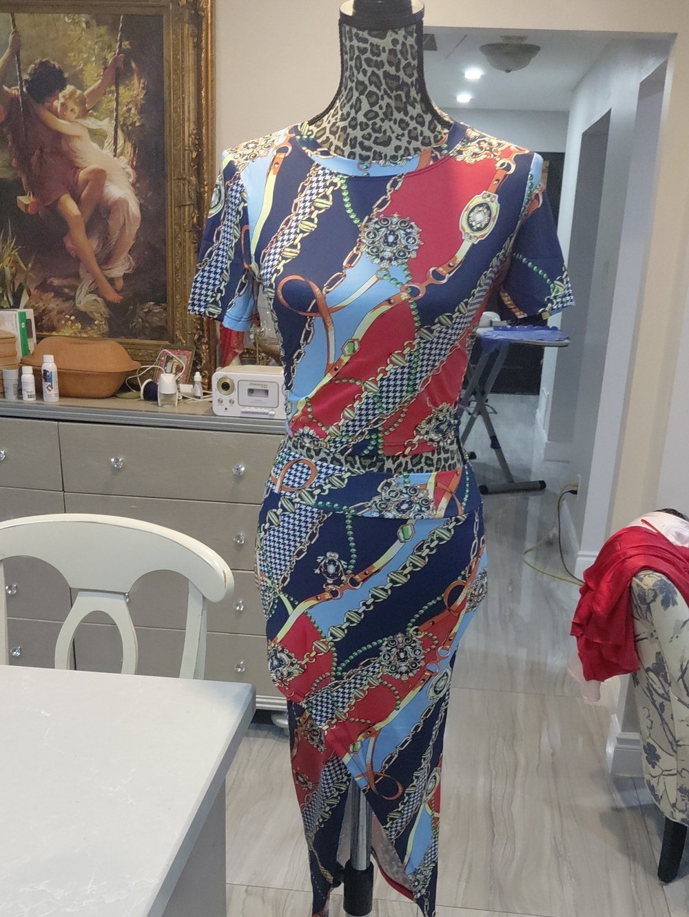 Chain-Print Midi Skirt Set in Navy and Red